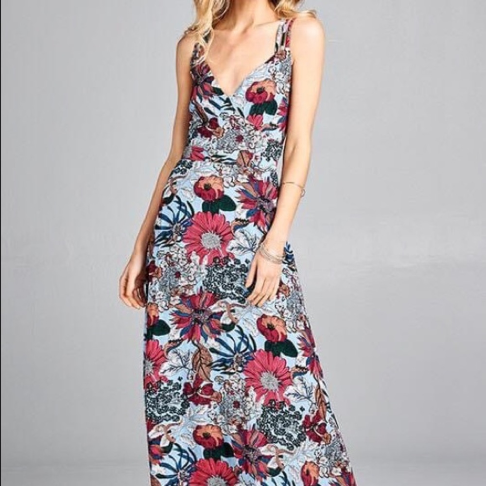 💛NWOT Floral Maxi Dress with Criss Cross Back